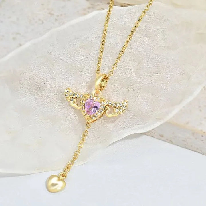 Moving Cupid Heart Angel Wings Tassel Necklace With Crystal Clavicle - Peace Haven