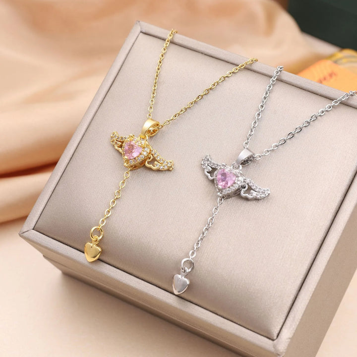 Moving Cupid Heart Angel Wings Tassel Necklace With Crystal Clavicle - Peace Haven