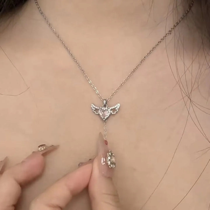 Moving Cupid Heart Angel Wings Tassel Necklace With Crystal Clavicle - Peace Haven