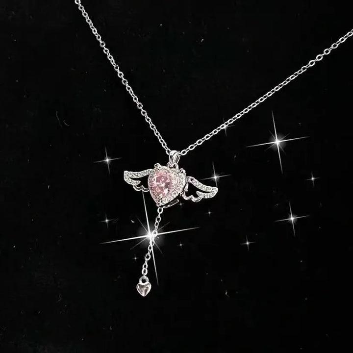 Moving Cupid Heart Angel Wings Tassel Necklace With Crystal Clavicle - Peace Haven