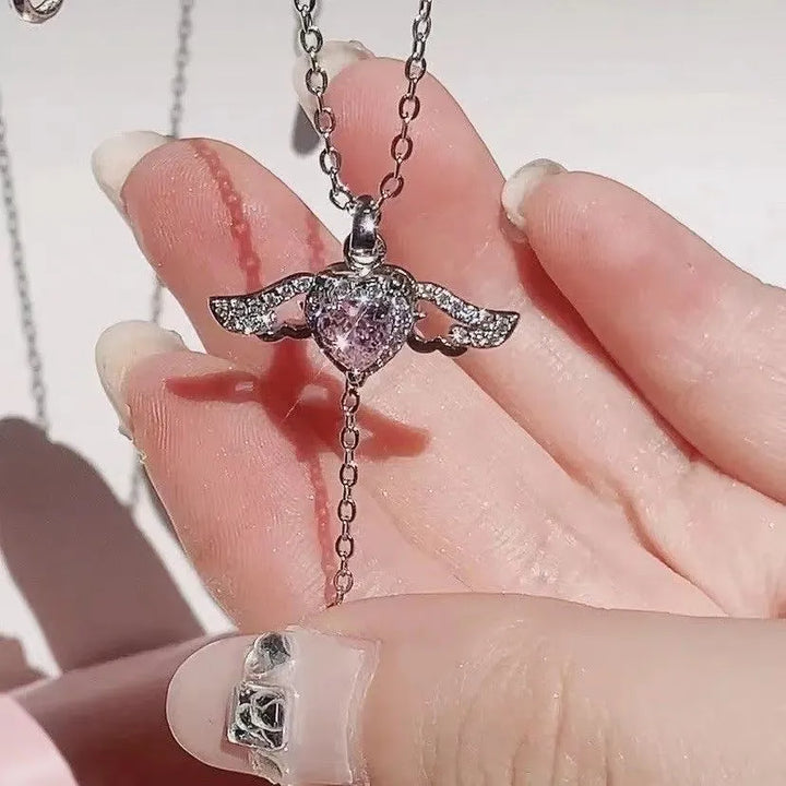 Moving Cupid Heart Angel Wings Tassel Necklace With Crystal Clavicle - Peace Haven